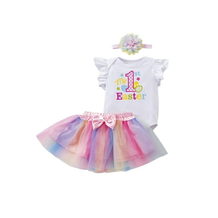 

Sunisery Baby Girl My 1st Easter Outfit Ruffle Short Sleeve Romper Rabbit Bunny Onesie Rainbow Lace Tutu Skirt Summer Clothes