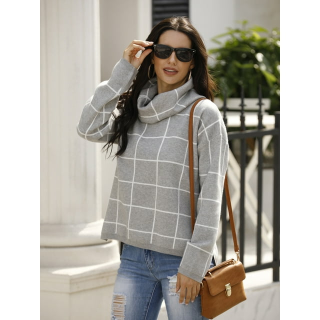 2020 Hiver Femmes Pull en Tricot Col Roulé Manches Longues Pull à Carreaux Côté Divisé Checked Outwear Loose Fit Tops