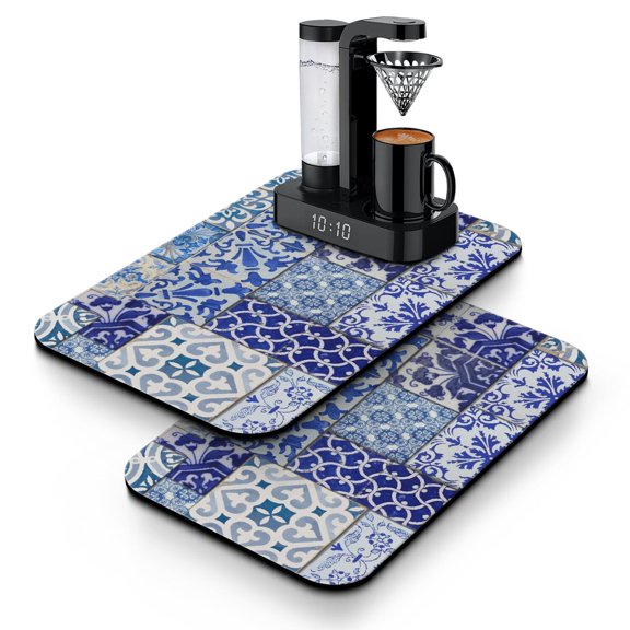 2 Pack Washable Rubber Bohemian Vintage Floral Dish Drying Mats for Kitchen Counter Home Large Coffee Bar Pad Accessories and Decor for Utensils Stemware (2pcs 19.5''x12'')