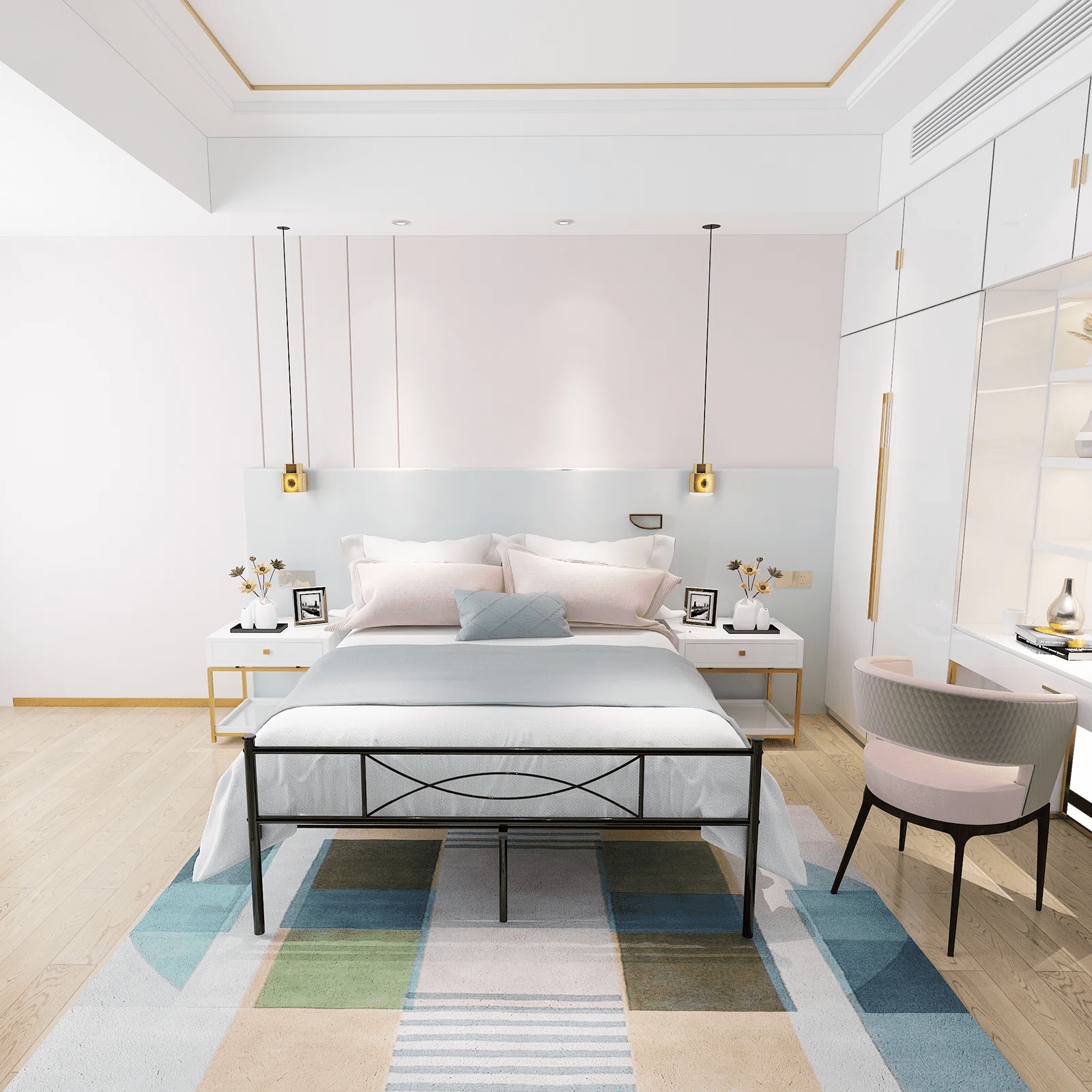Yoneston Queen Size Metal Bed Bedroom Mattress Platform Foundation with Headboard