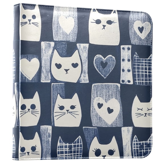 FORMRS 3 Ring Photo Album 4"x6" Self Adhesive Large Capacity PU Leather Cover, Blue Cats and Hearts