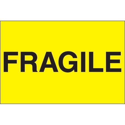 7 Inch Semi Gloss Labels - DL1057 Fluorescent Yellow 2 Inch x 3 Inch Fragile Semi-Gloss Coated Paper Labels Made In USA ROLL OF 500