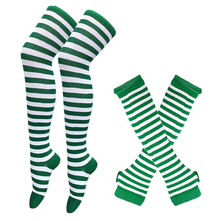 

Raruxxin Women Stockings and Gloves Set Striped Knitted Over Knee High Socks + Fingerless Arm Sleeve Gloves for Ladies