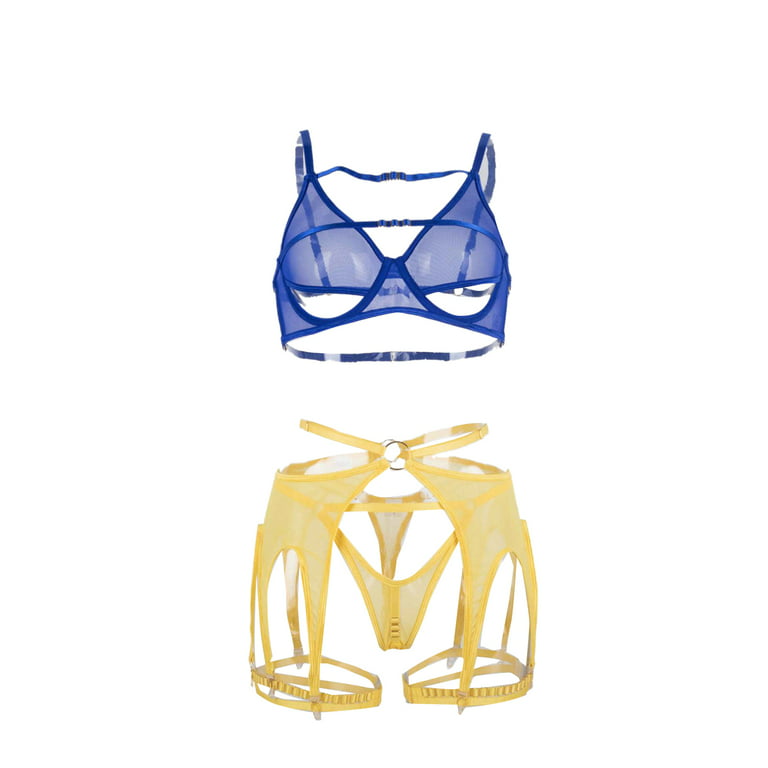 Multitrust Women's Erotic 2Pcs Lingerie Sets Blue Sleeveless Hollow Bra  Vest + Yellow Garter Thong 