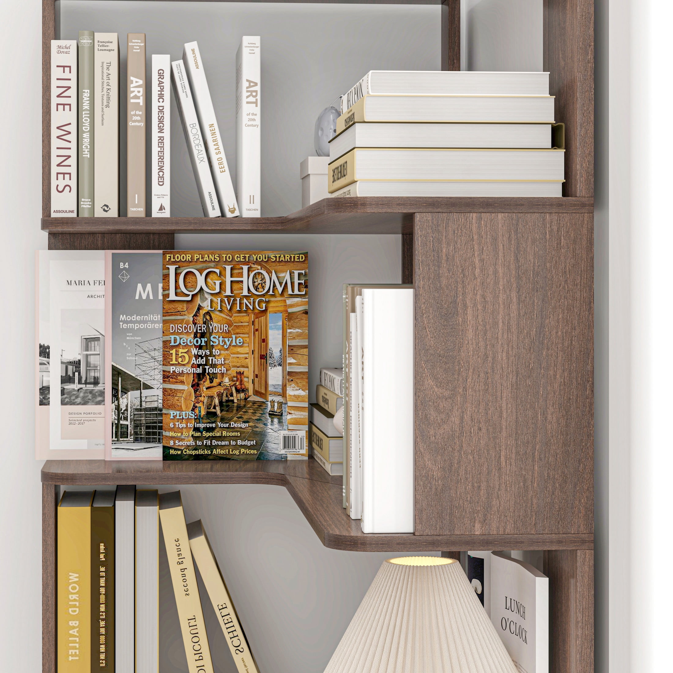 GDF Studio Derwin 5-Tier Corner Bookshelf, L-Shaped Wooden Bookcase for Living Room, Home Office, Dark Brown