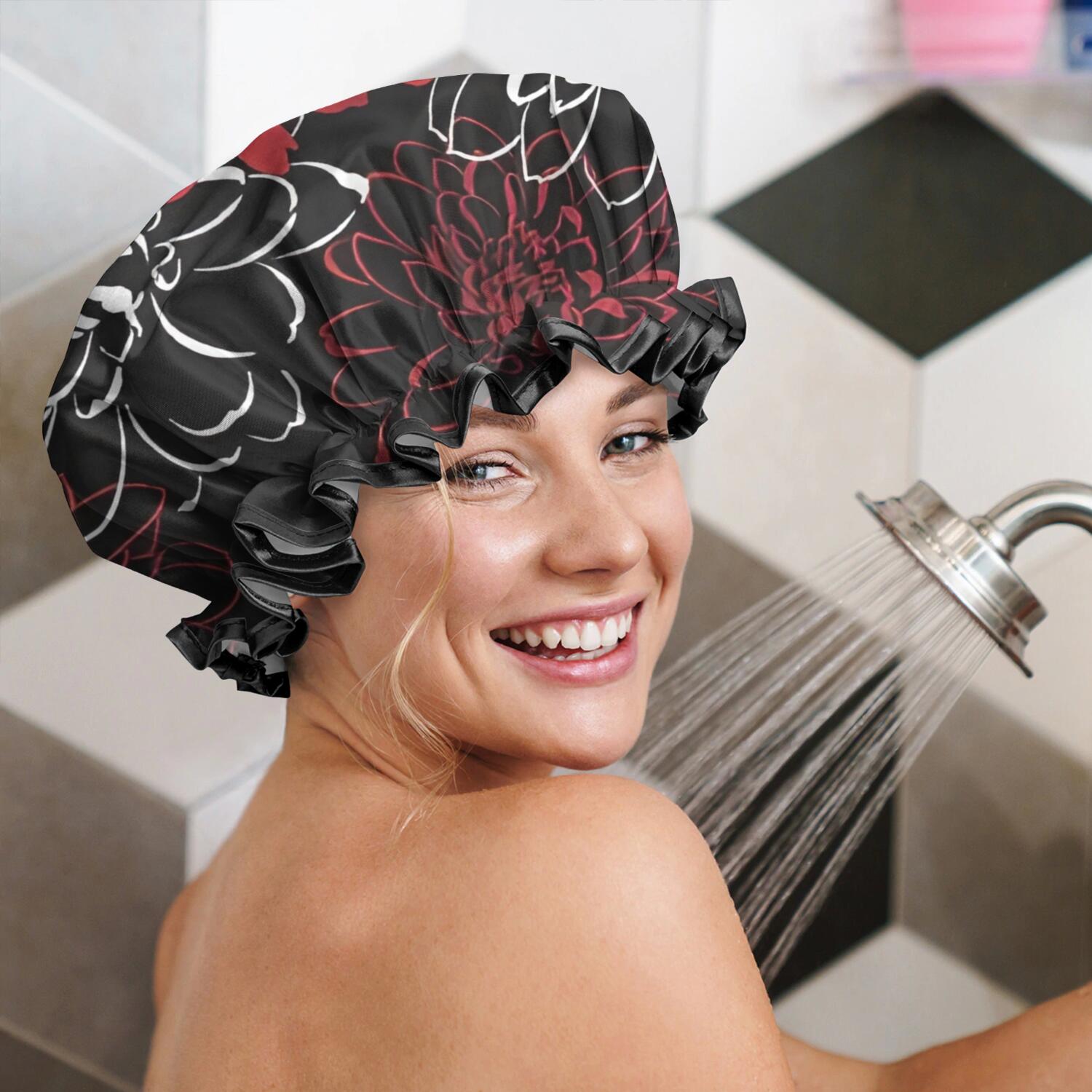 Shower Caps,Red and Black Pioneer Flower Pattern Waterproof Shower Cap for Women 4 Pieces,Double Reusable Hair Cover for Shower PEVA Elastic Stretch Hem