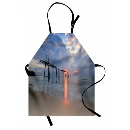 

Landscape Apron Sunbeams and Old Bridge at Pilai Beach Sunset Thailand Tropical Seascape Picture Unisex Kitchen Bib Apron with Adjustable Neck for Cooking Baking Gardening Gray Beige by Ambesonne
