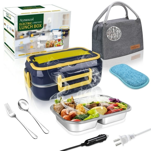 Electric Lunch Box Lonchera Electrica, 3 In 1 Portable Hot Box Food Warmer with Car Adapter 1.5L Heated DC Microwave for Truck, Home Leak proof 12V 24V 110V, Removable 304 Stainless Steel Containers