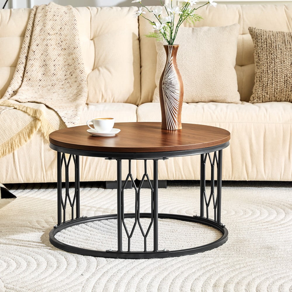 Round Coffee Table, 27.5" Coffee Table with Stone-Effect Travertine Top, Metal Frame, Modern Living Room Table, Walnut