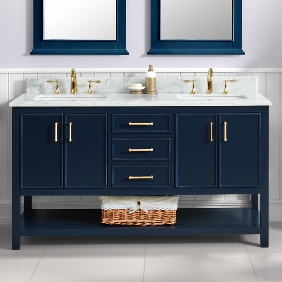 Manhattan 60" Double Bathroom Vanity, 61" W x 22" D x 34.5" H, Carrara Marble Top with 2 Sinks & Backsplash, Navy Blue, Solid Wood, Pre-Assembled, 3 Drawers, 4 Doors, 1 Shelf