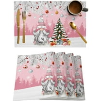 Christmas Gnome Placemats Set of 6, Winter Merry Christmas Tree Balls Heat Resistant Washable Table Place Mats Pink Cotton Table Linens Party Holiday Decor for Kitchen Dining Outdoor Indoor