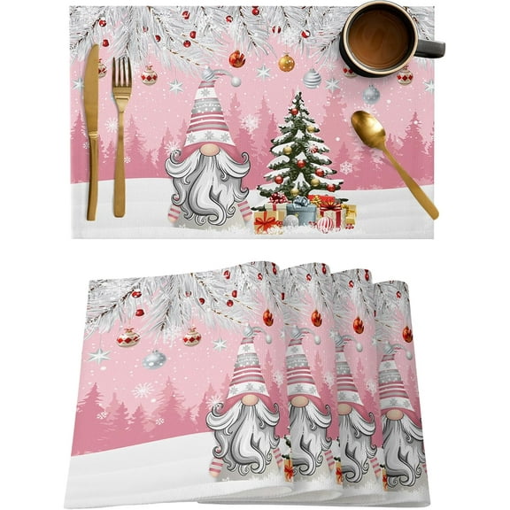 Christmas Gnome Placemats Set of 6, Winter Merry Christmas Tree Balls Heat Resistant Washable Table Place Mats Pink Cotton Table Linens Party Holiday Decor for Kitchen Dining Outdoor Indoor