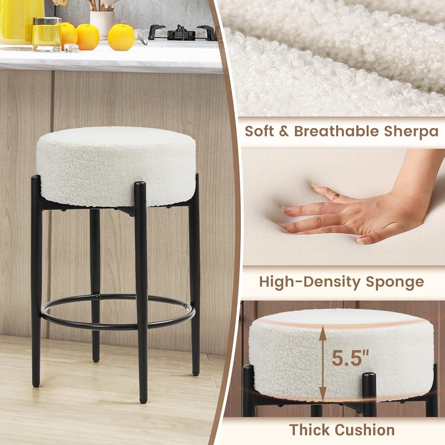 CLOUDREST PRO 24”Counter Height Bar Stools, Modern Velvet Bar Stools, Dinning Chair with Steel Legs for Kitchen Island - White, Set of 4