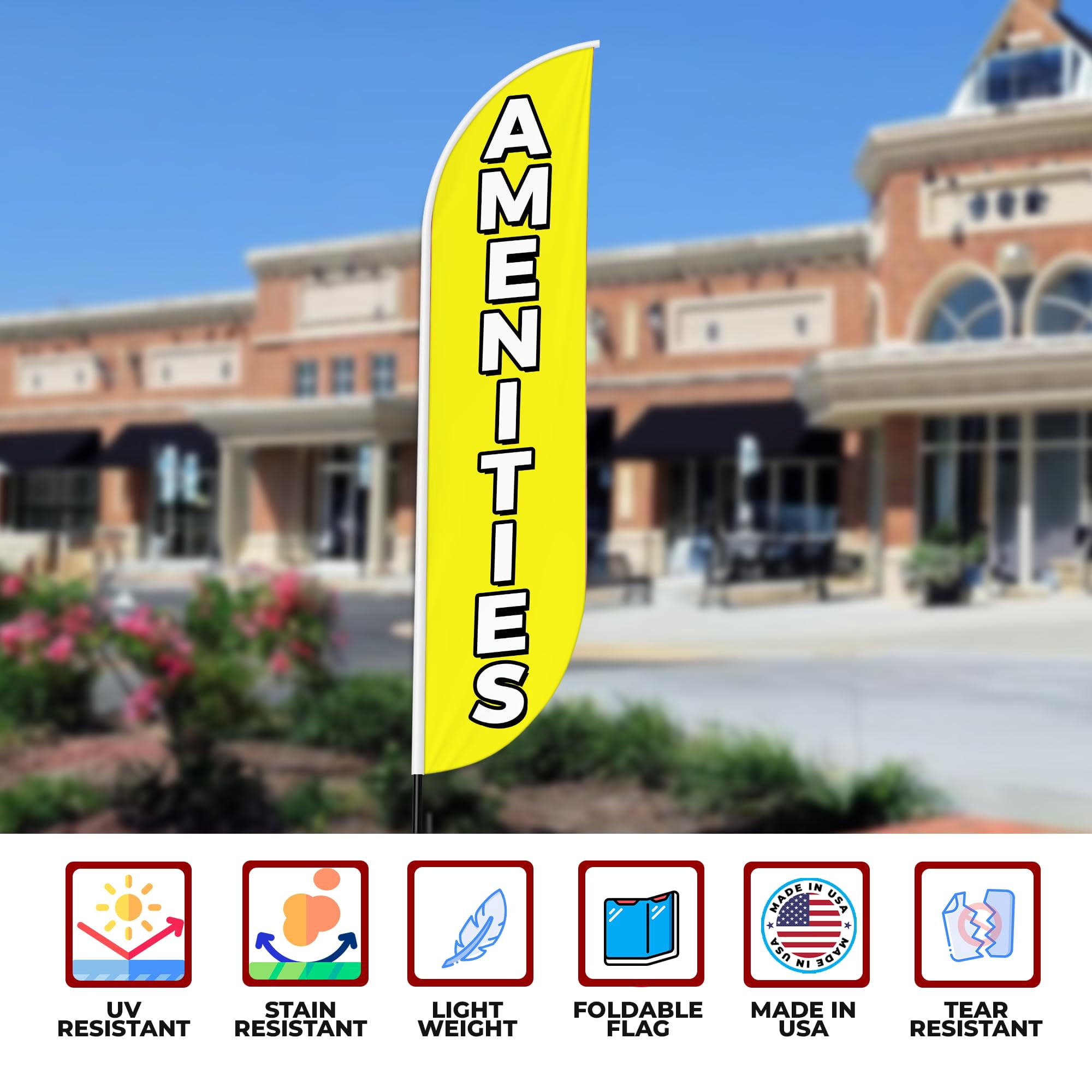 Amenities Sign feather flag for Outdoor by Mavis Printing | 11.5 FEET Long Polyester Outdoor Banner Flag for Easy Hang | HD Print Swooper I Flag Only to Advertise Real Estate BusinessI Flag Only