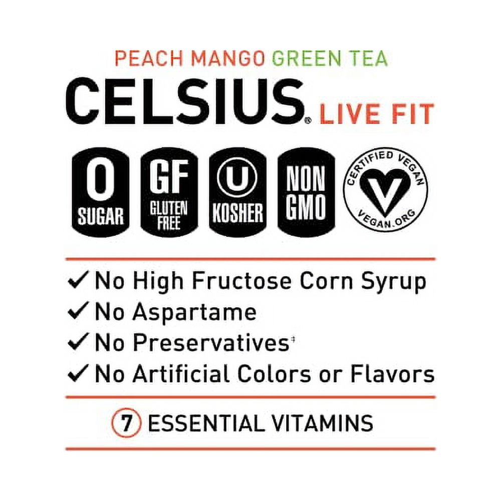 CELSIUS® Fizz Free Peach Mango Green Tea, Sugar Free Energy Drink, 12 Fl Oz (Pack of 4)