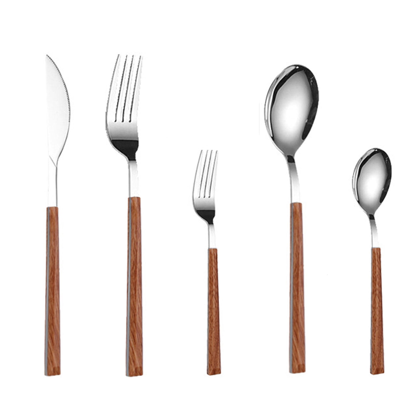 5 Pcs Stainless Steel Knife Fork Spoon Set with Imitation Wood Handle, Stainless Steel Flatware