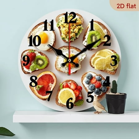 10 Inch Round Wooden Wall Clock with Food-Themed Toast Breakfast Pattern, Silent Battery Operated for Living Room, Bedroom, Kitchen, Office Decoration