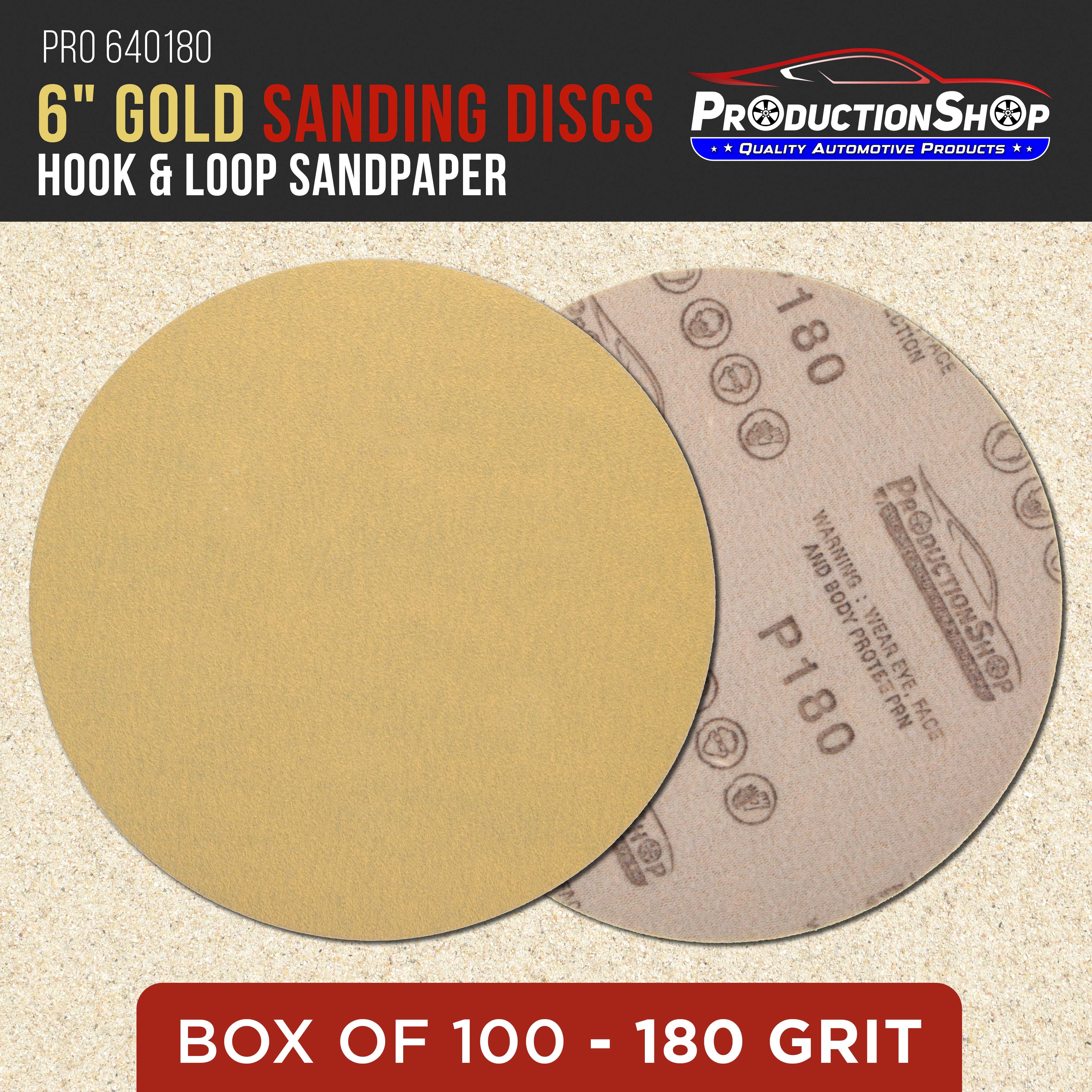 ProductionShop Premium 180 Grit 6" Gold Sanding Discs, Box of 100 - Hook & Loop Backing Abrasive Sandpaper for DA & Random Orbital Sanders - Sand Automotive Paint, Metal, Wood, Woodworking Furniture