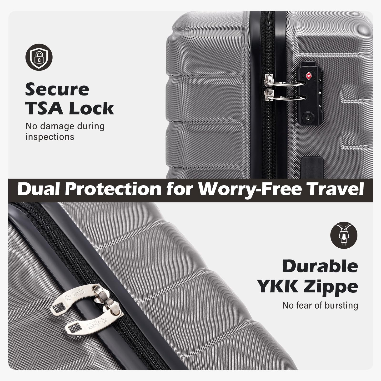 Coolife Luggage Sets, 3 Piece Hard Shell Suitcase Set with Spinner Wheels, Expandable Large Checked Luggage, Lightweight Rolling Carry On with TSA Lock Gray