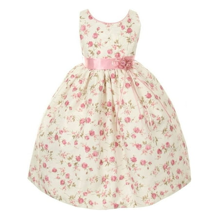 - Girls Pink Jacquard Floral Printed Satin Rosette Sash Easter Dress 12