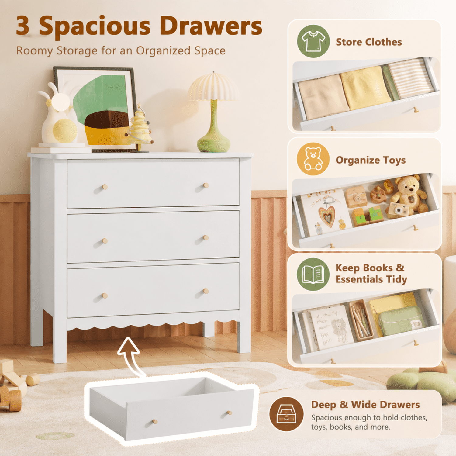 Miniyam Kids 3 Drawer Dresser, White MDF Storage Chest with Gold Knobs for Kids Bedroom, Playroom and Toy Room