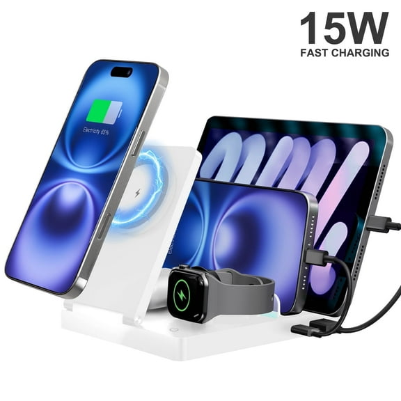15W Charging Station, 5 in 1 Magnetic Wireless Charger Compatible with iPhone 17 16 15 14 13 12 Series, Charging Dock Compatible with AirPods 4 3 2 1, for iWatch, for iPad, White
