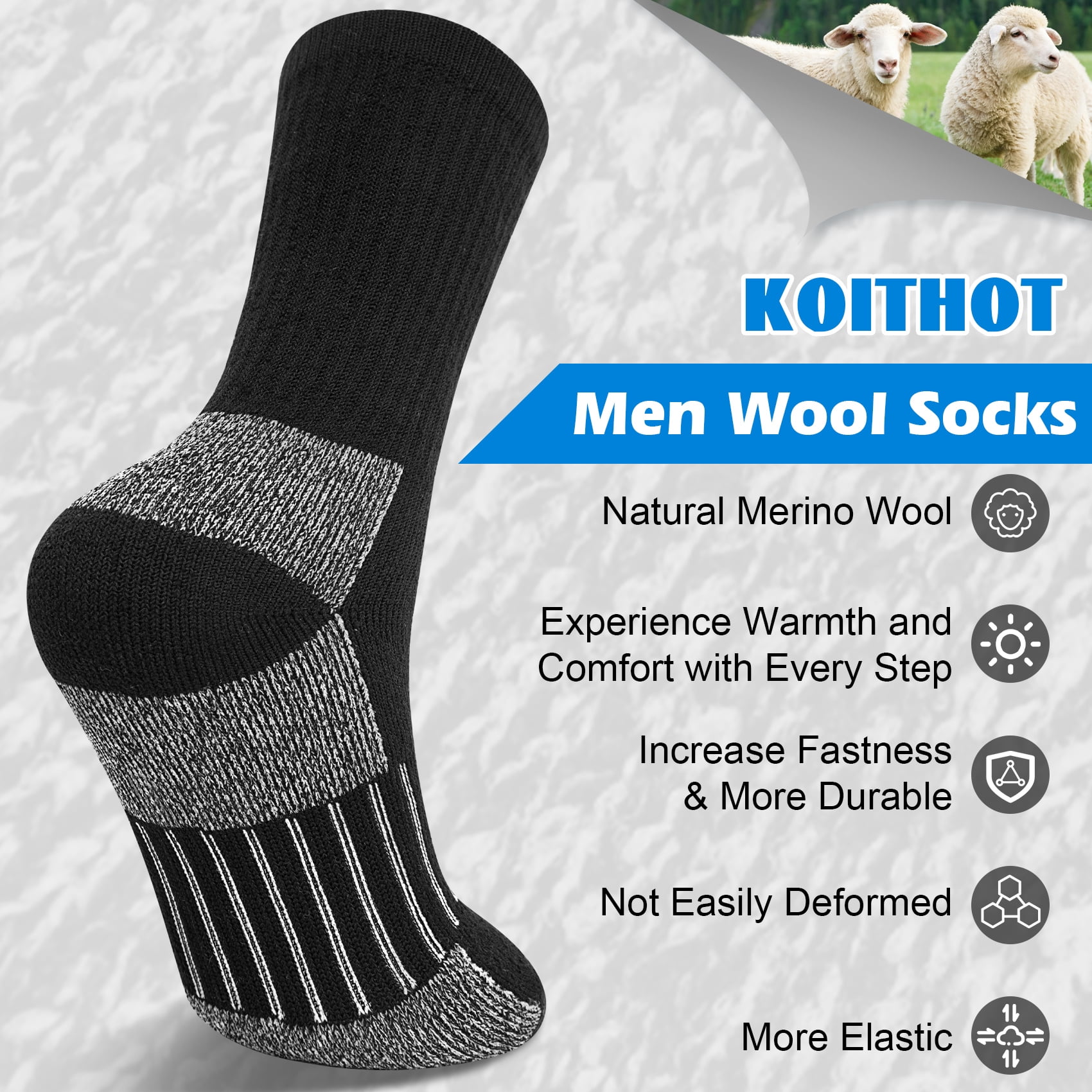 KOITHOT 3 Pack Merino Wool Socks for Men & Women, Thermal Boot Warm Hiking Socks