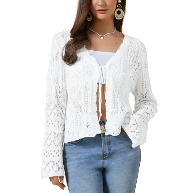 Cárdigan Boho de ganchillo para mujer INSPIRE CHIC con lazo en la parte delantera, de manga larga, ligero, corto, bolero, color blanco, talla XL