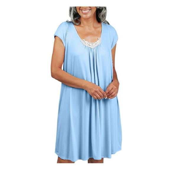 Dignity Pajamas Womens Open Back Nightgown-Cap Sleeve-Lace Trim-Bedridden Patient-Blue-S