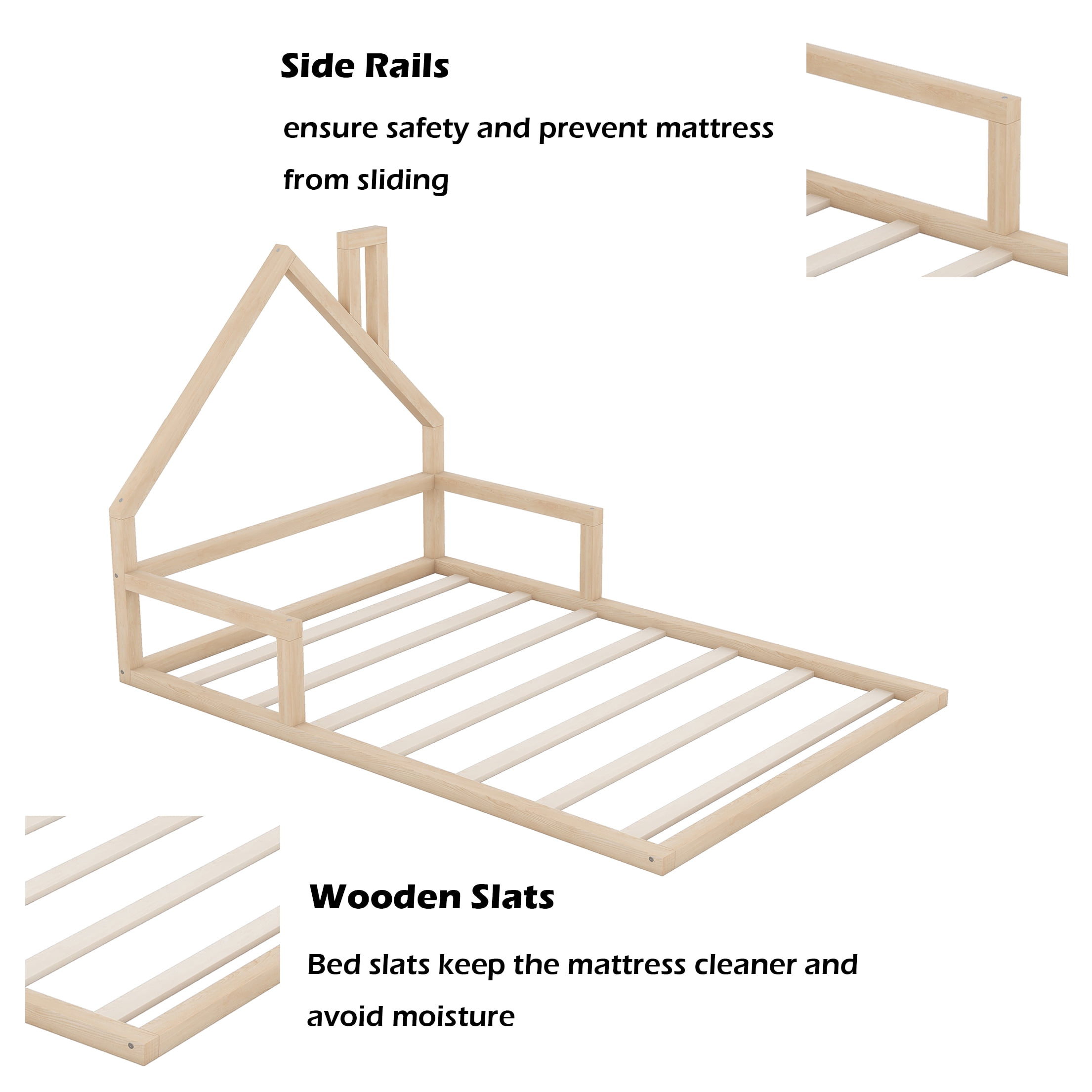 Bellemave Full Size Wood Floor Bed with House-shaped Headboard Montessori Floor Bed with Rails and Wooden Slats No Box Spring Needed, Natural