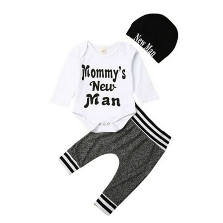 

Bebiullo Newborn Infant Autumn Winter Newborn Infant Boy Mommy New Man Long Sleeve Romper Gray Pants Set Outfit Clothes White for 0-18M