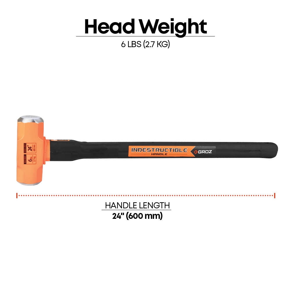 Groz 6 lb Head Sledge Hammer with 24" Indestructible Steel Handle
