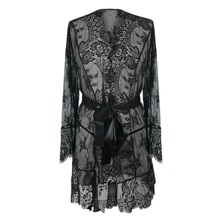 Midwennn Women s Long Sleeve Lace Belt Sexy Lingerie Pajamas Sleepwear Garter Lingerie for Women