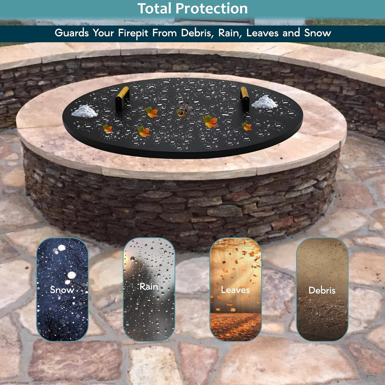 Febtech 36" Fire Pit Cover Round with Dual Wooden Handles Perfect for Fire Pit Inside Up to 34"