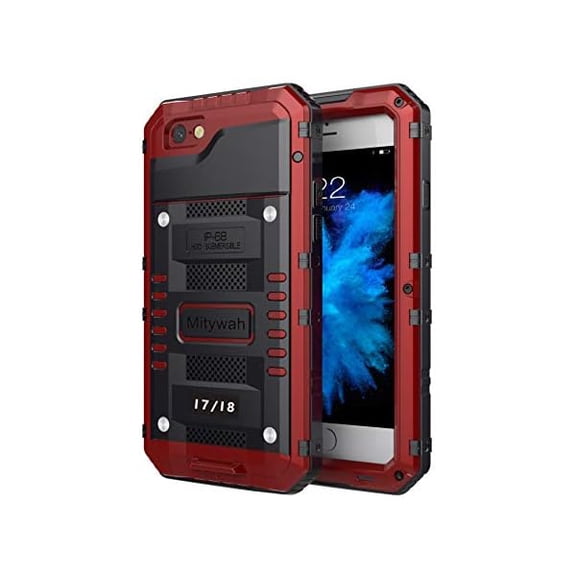 Waterproof Case Compatible with iPhone 7 / iPhone 8 Heavy Duty Durable Metal Full Body Protective Case Built-in Screen Protection Shockproof Dustproof Rugged Military Grade Defender, Red
