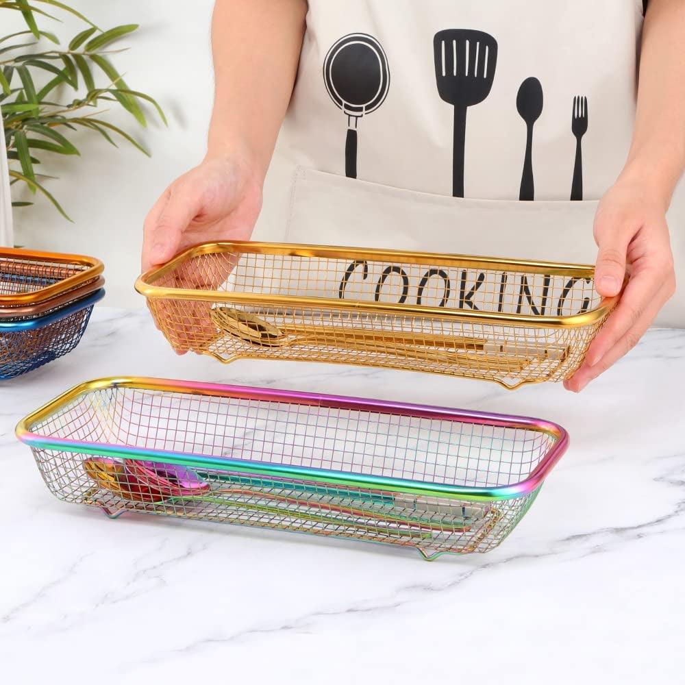 Kitchen Flatware Drawer Organizer, 2pcs Stackable Mesh Cabinet Storage Basket, Stainless Steel Kitchen Utensils Filter Drying Rack Holder for Knives, Fork, Spoon Chopsticks (Blue)