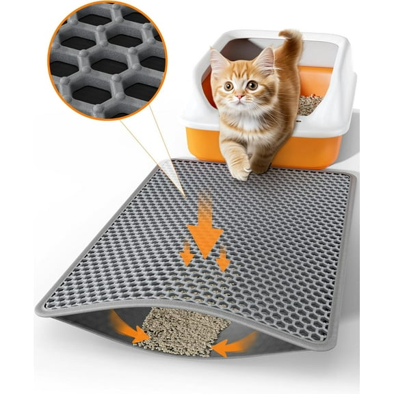 Cat Litter Mat - 23.2" x 14.6" Small Litter Box Mat with Double Layers, Urine-Proof and Non-Slip Litter Trapping Mat, Easy to Clean Kitty Litter Mats for Floor, Scatter Control, Grey