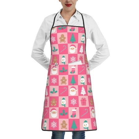 

Lukts Pink Christmas Cheer Pattern Kitchen Apron Waterdrop Resistant Apron with adjustable Aprons for Women and Men with Pockets Cooking Apron
