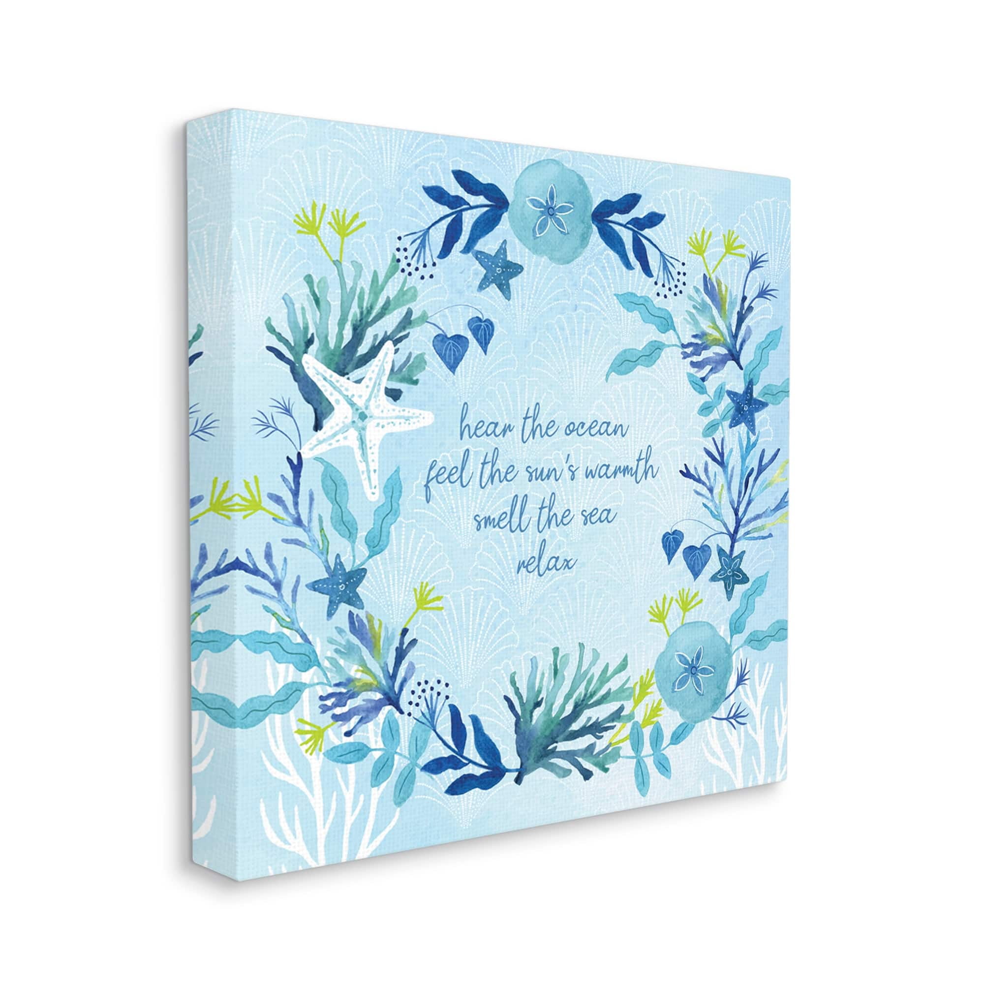 Relaxing Beach Quote Sea Life Botanical Wreath Coastal Graphic Art Gallery-Wrapped Canvas Print Wall Art