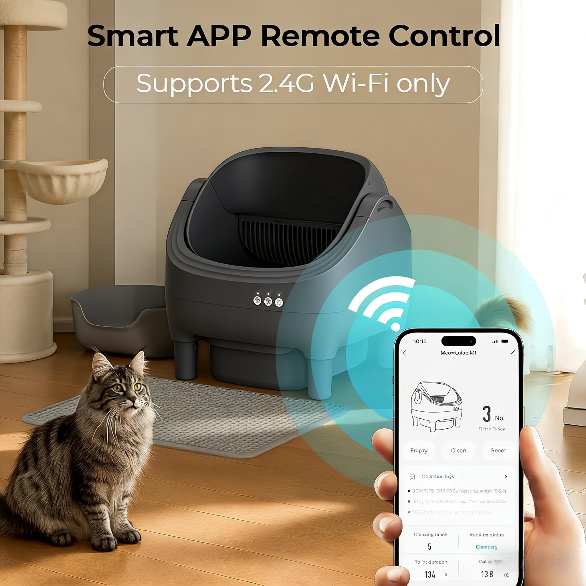 3.43 Gal Extra Large Gray Self Cleaning Cat Litter Box, 2.4G Wifi Automatic Kitty Litter Boxes, Double Odor Removal Safety Protection With App Control, Contain 1 Rolls Liners Bags, 1 Cat Litter Mat