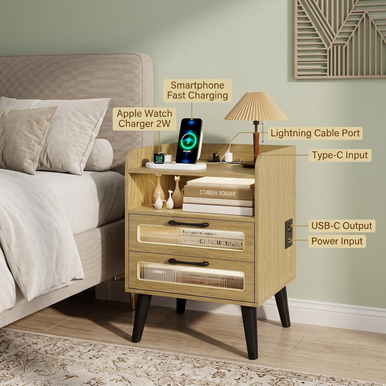 Furnibear Mid Century Nightstand with Charging Station and LED Lights, Bedside Table with 2 Drawers and Open Shelf for Bedroom, Natural