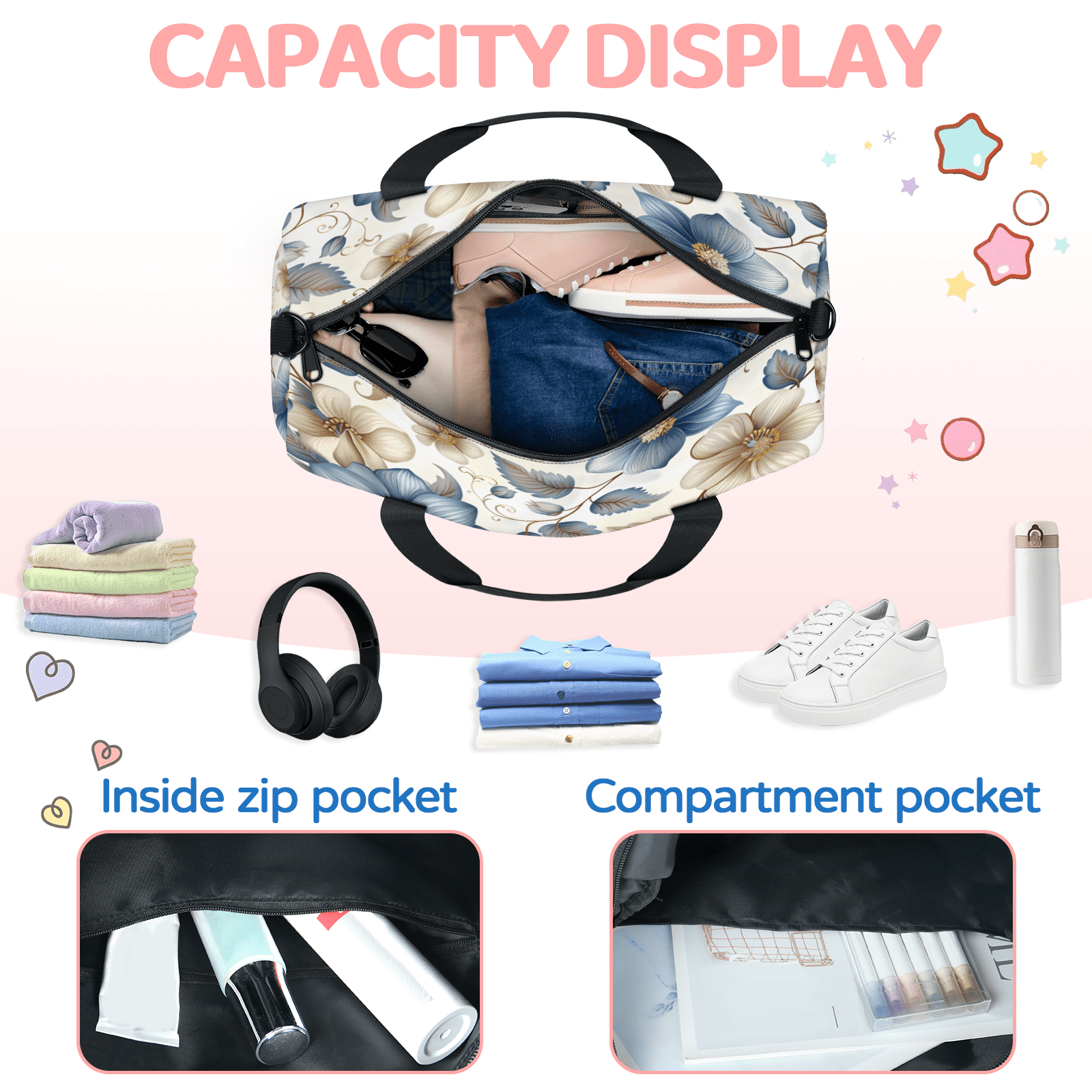 Herdesigns Boho Floral Gym Bag for Women, Duffle Bag for Travel Sport, Beige Blue Grey White Flower Lightweight Waterproof Carry on Weekender Dance Yoga Workout Bags