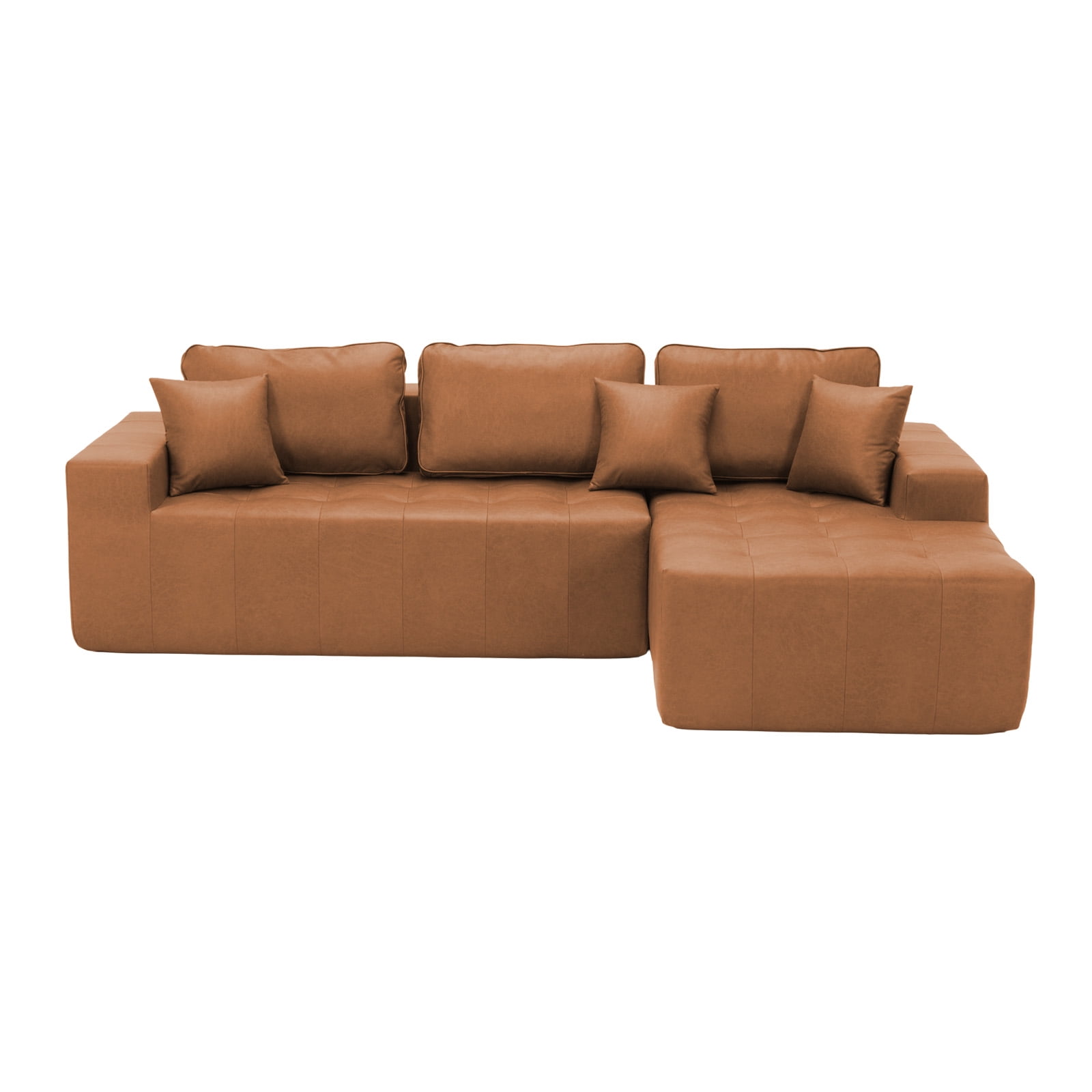 No-Assembly Faux Leather Corner Chaise Compression Sofa Bed, L-Shaped Sectional Couch with High-Density Sponge for Living Room, Light Brown