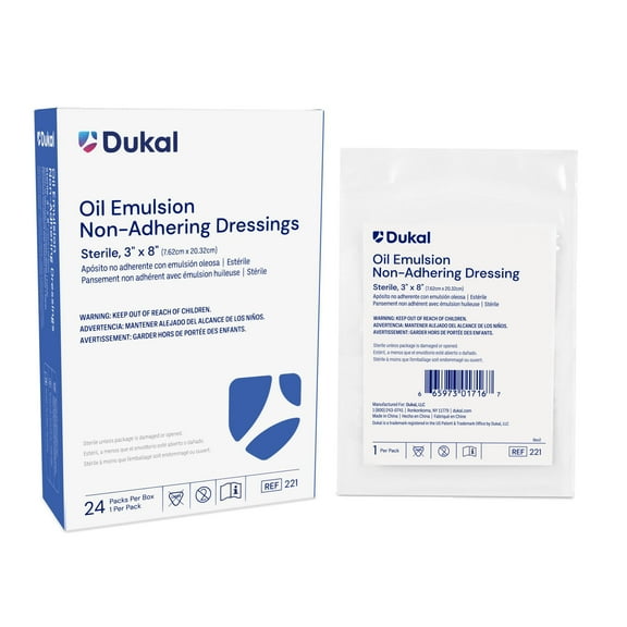 Dukal Oil Emulsion Non-Adherent Dressing 3" x 8" – Box of 24 Sterile Wound Care Pads for Burns, Cuts, and Surgical Dressings