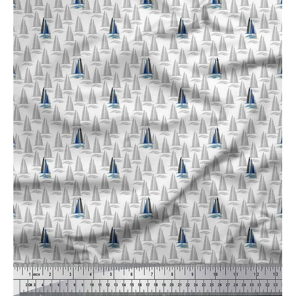 Soimoi Black Cotton Duck Fabric Yacht & Waves Nautical Print Fabric by Yard 42 Inch Wide