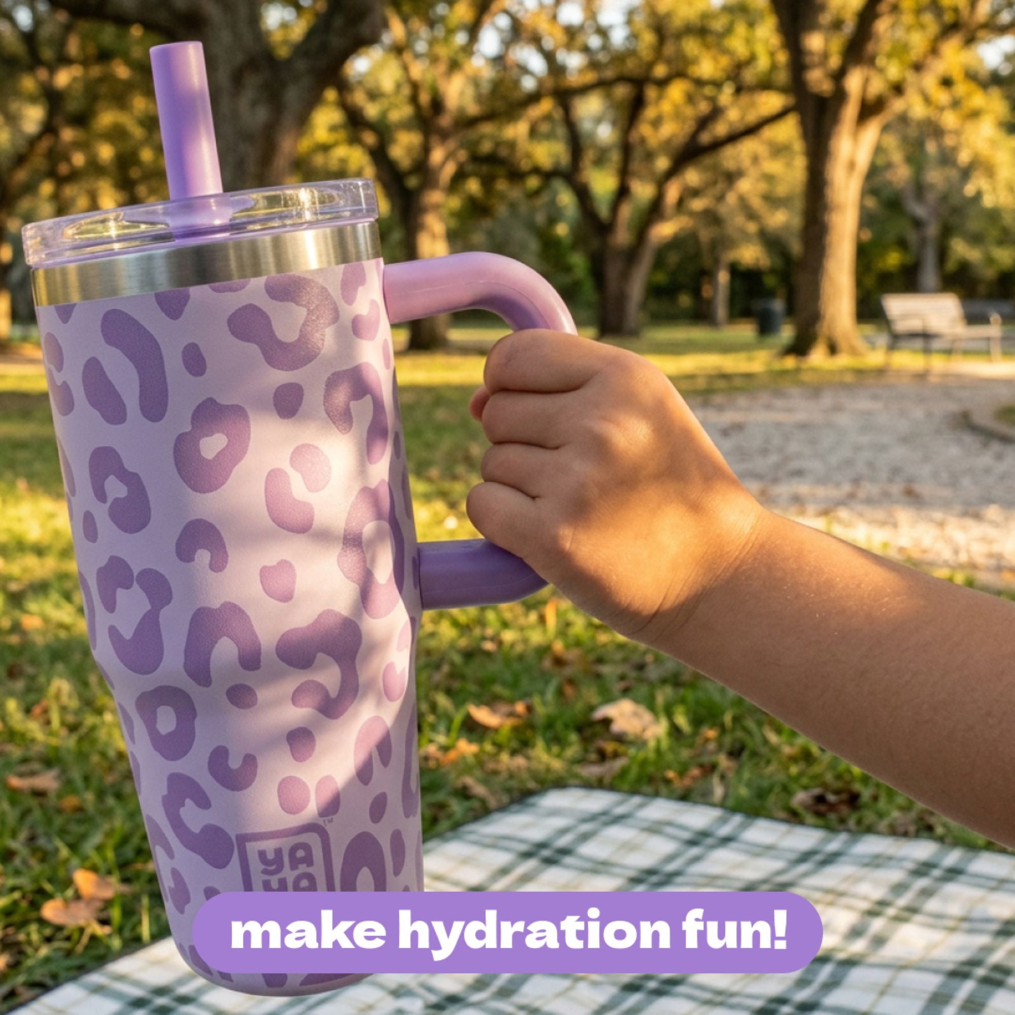 YAYA My First Travel Tumbler for Preschool & Kids 3+, Insulated Stainless Steel Tumbler with Reusable Silicone Straw & Spill-Proof Lid, Cup Holder Compatible, BPA-Free, 12oz, Purple Leopard