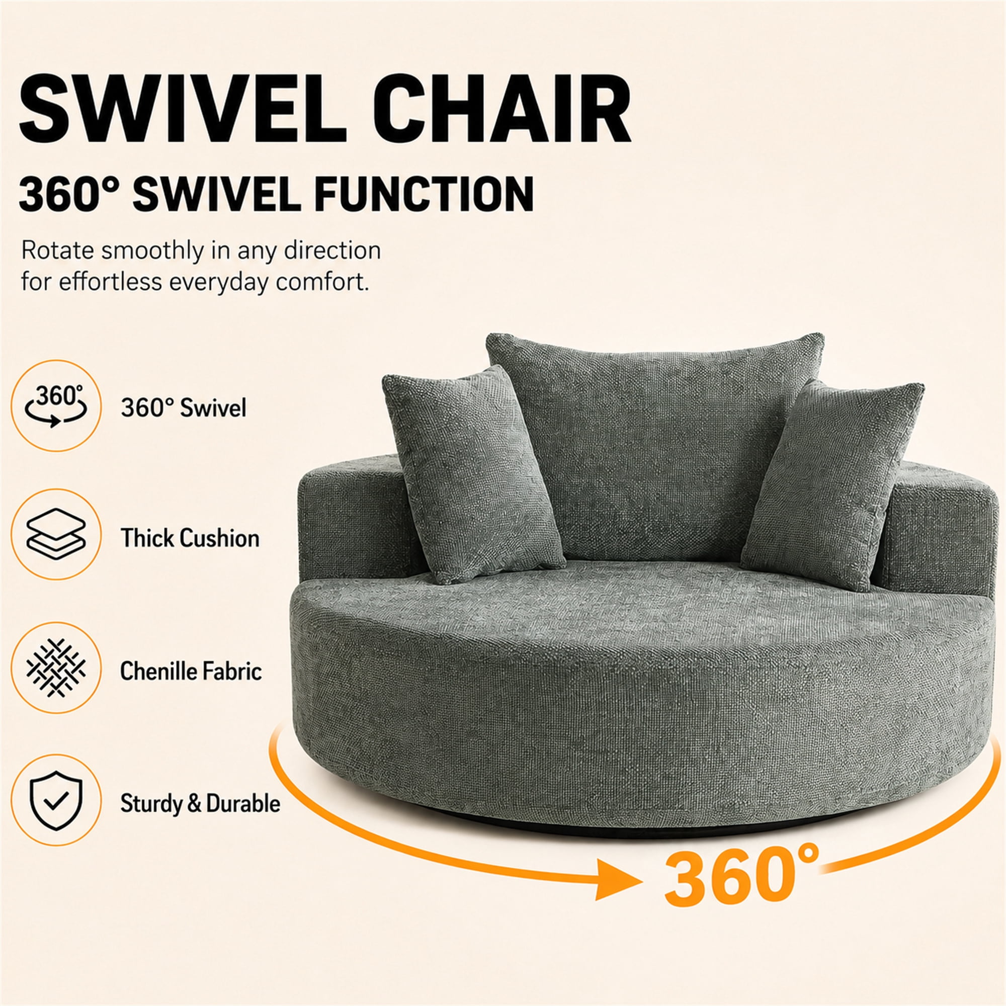 Aukfa 55 in Swivel Accent Chair, Oversized Round Cloud Sofa Chair for Living Room Bedroom, 3 Pillows, Chenille, Green