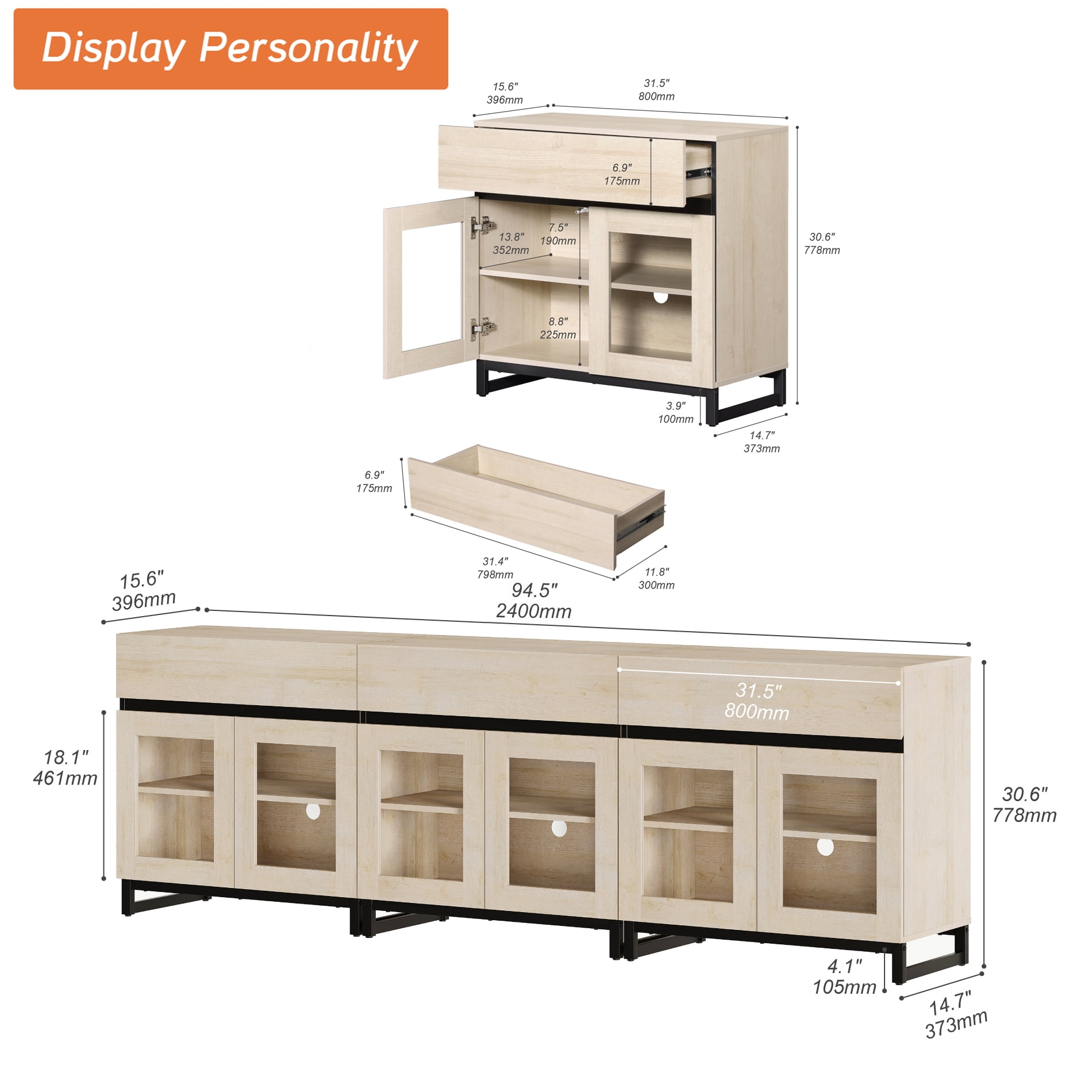 Modern Sideboard Buffet Cabinet with Glass Doors and Adjustable Shelf Coffee Bar Storage Cabinet for Living Room Kitchen,Beige