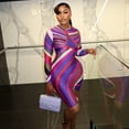 thumbnail image 4 of Women's Colorful Stripes Print O-Neck Long Sleeve Waistband Hips Wrapped Dress, 4 of 20
