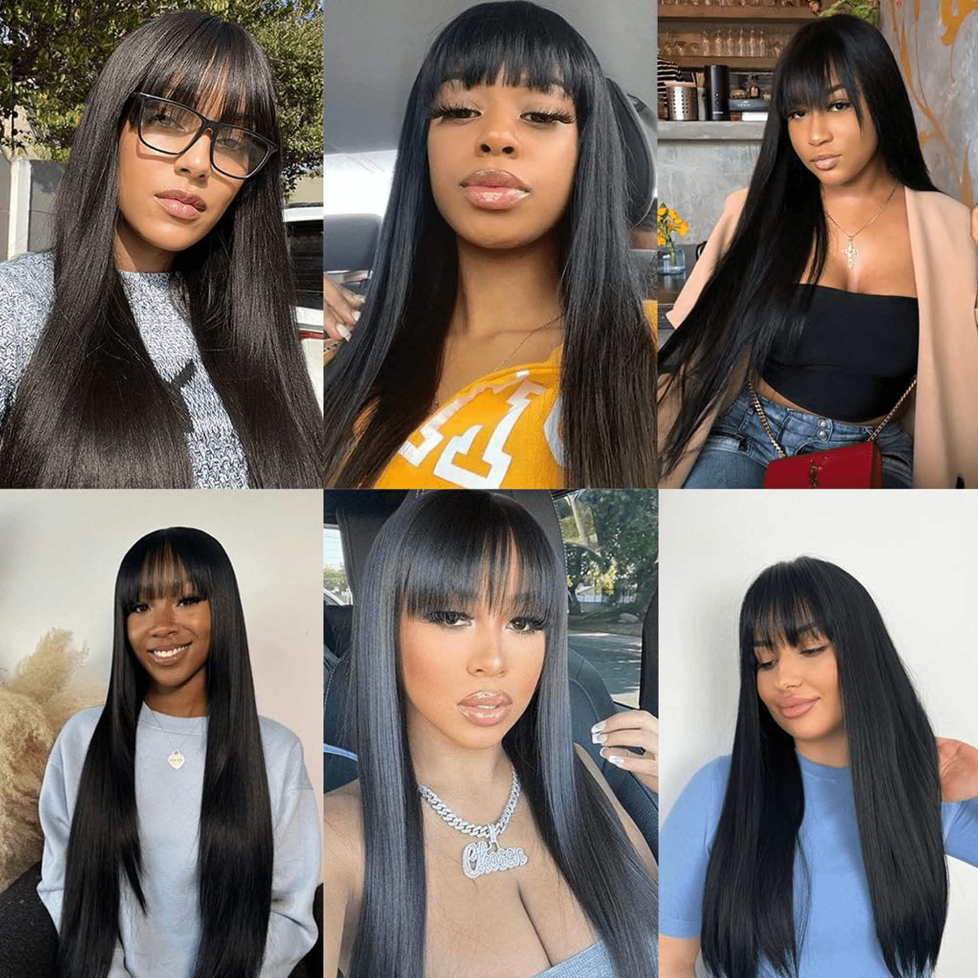 Morovan 22" Long Black Wig Straight Black Wigs with Bangs Human Hair Wigs for Black Women Glueless Wigs for Women Black Long Bob Wigs